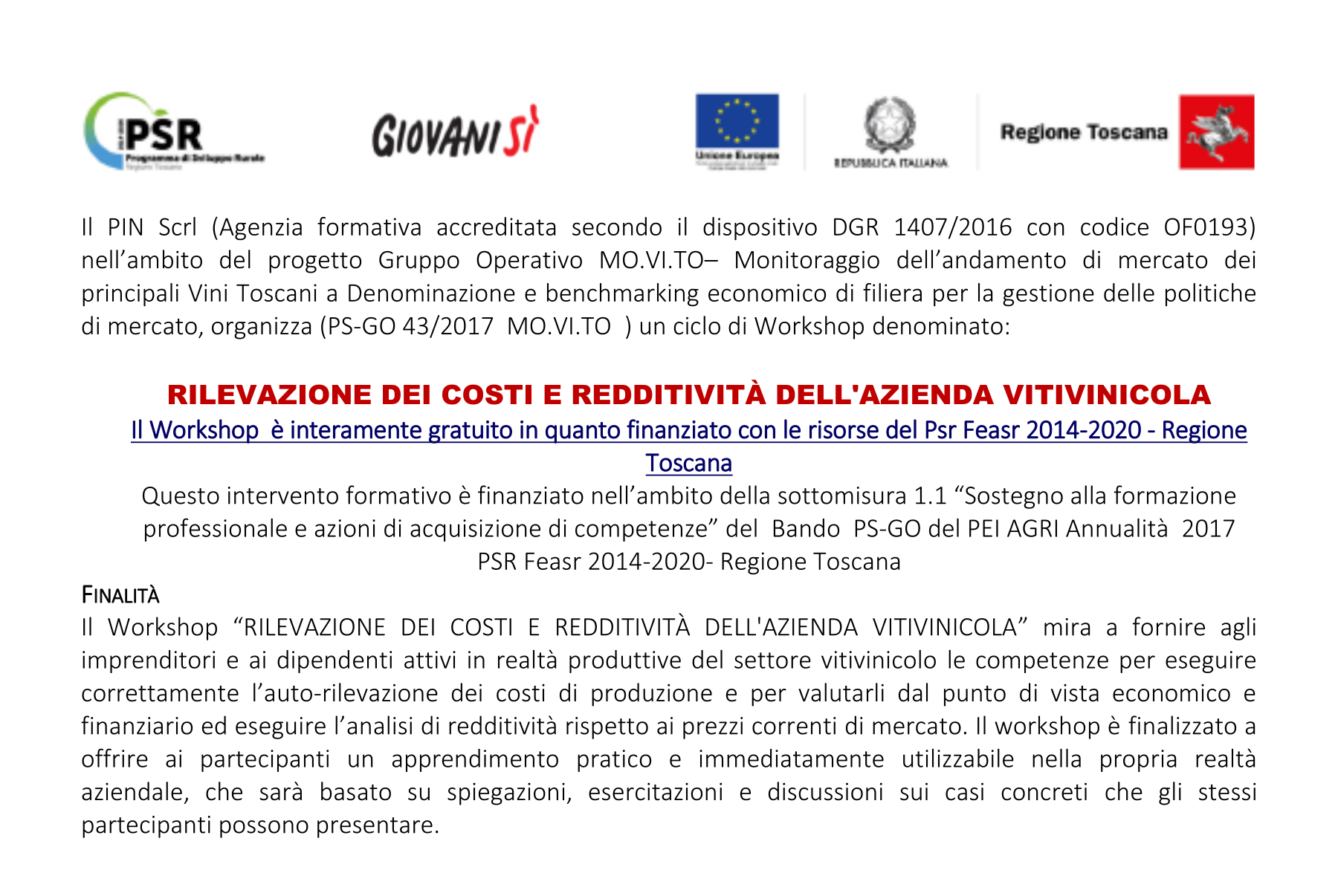 Progetto MO.VI.TO - Workshop su “Rilevazione dei costi e redditività dell'azienda vitivinicola”